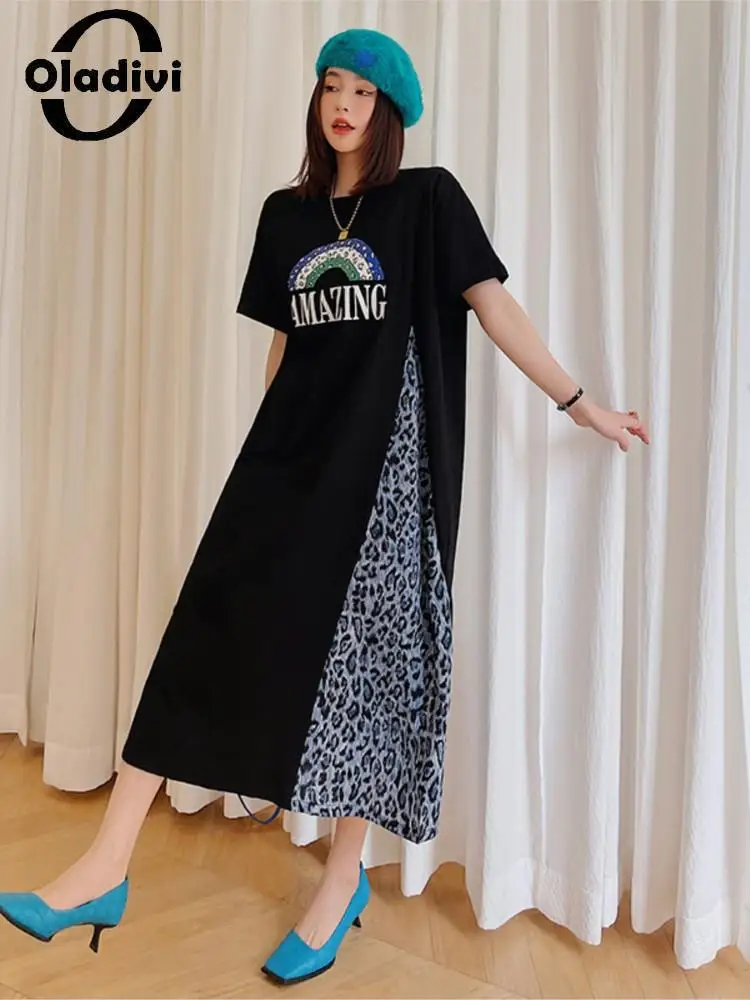 

Oladivi L-3XL Leopard Print Patchwork Cotton Dress Women Korean Stayls Casual Loose Oversize Black Straight Midi Dress 6919 6919