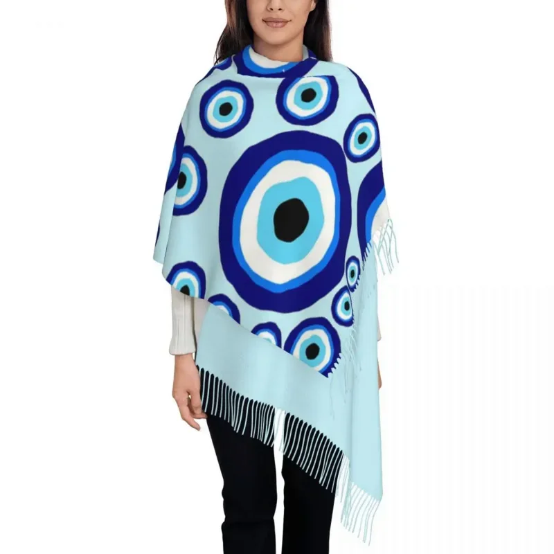 

Women'S Tassel Evil Eye Pattern Large Winter Warm Shawl And Wrap Greek Amulet Nazar Lucky Charm Daily Wear Cashmere Scarf