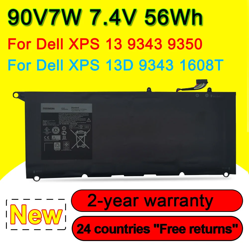 Аккумулятор 90V7W для ноутбука DELL XPS 13 9350 9343 13D-9343 D1508 D1608T JD25G JHXPY RWT1R P54G 0DRRP 0N7T6 5K9CP DIN02 7,4 V 56Wh