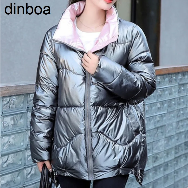 

Dinboa-new Women's Winter Clothes Glossy Parka Stand Callor Down Cotton Jacket Warm Casual Cotton Padded Parkas Snow Wear Coat