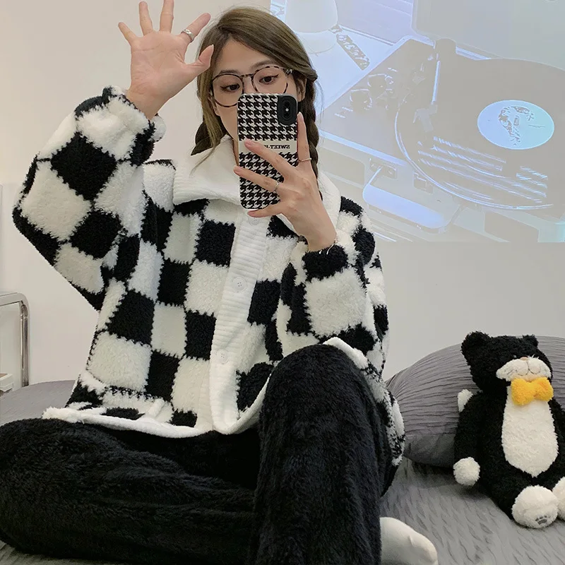 Yasuk Autumn Winter Cute Women's Casual Lovely Sweet Plaid Warm Soft Sleepwear Loose Pajamas With Pants Flannel Pullover Pink