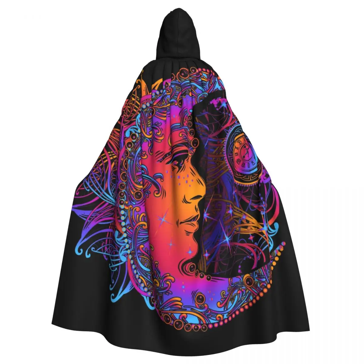 

Unisex Witch Party Reversible Hooded Adult Vampires Cape Cloak Golden Crescent Moon And Sun With Mandala