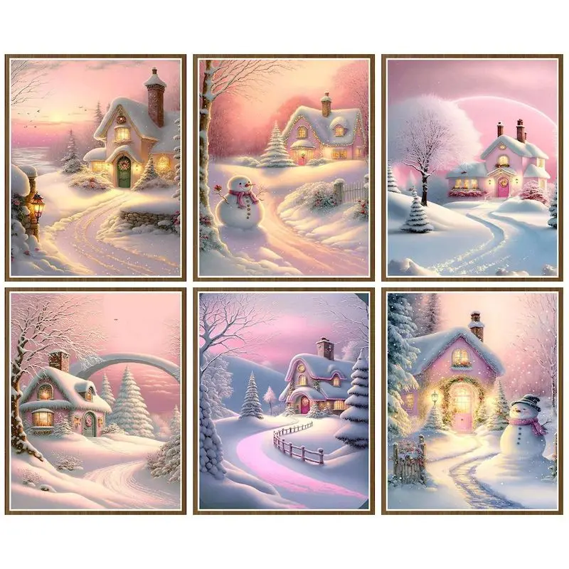 

CHENISTORY Diy Painting By Number Winter Houses Pictures By Numbers Kits Drawing On Canvas Hand Painted Snowman Home Decor
