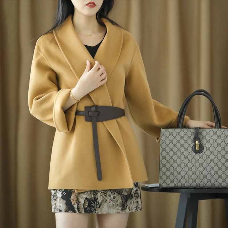 

Spring Autumn Ladies Lapel Wool Coat Black Ladies Belt Cashmere Coat Commuter Casual Ladies Jacket Hot Tops