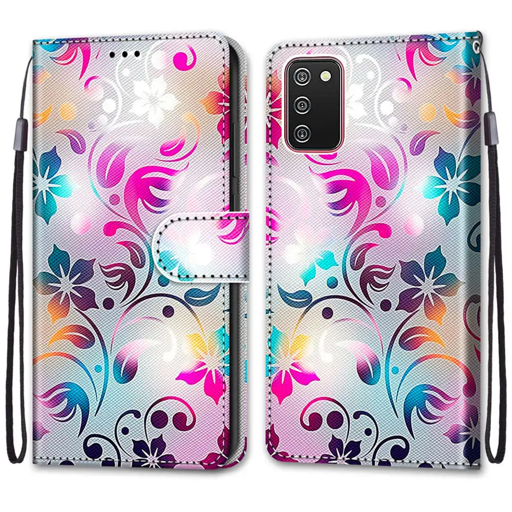 Kids Etui Card Holder Wallet Flip Case For Samsung Galaxy A22 A32 A52 A52S A72 Flower Cat Butterfly Pattern Phone Book Cover
