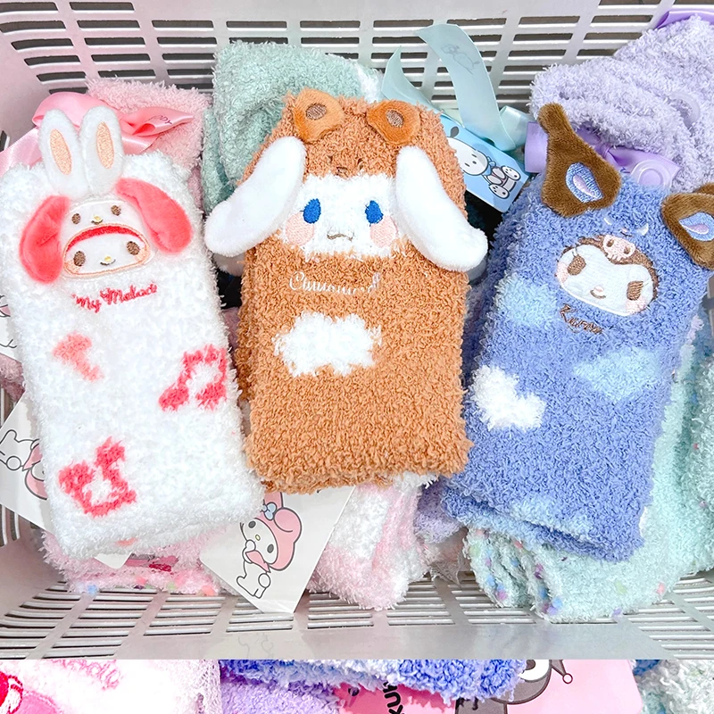 

Kawaii Sanrioed Cinnamoroll My Melody Kuromi Bow Lace Edge Home Socks Anime Cute Girl Heart Plush Autumn Winter Calf Socks