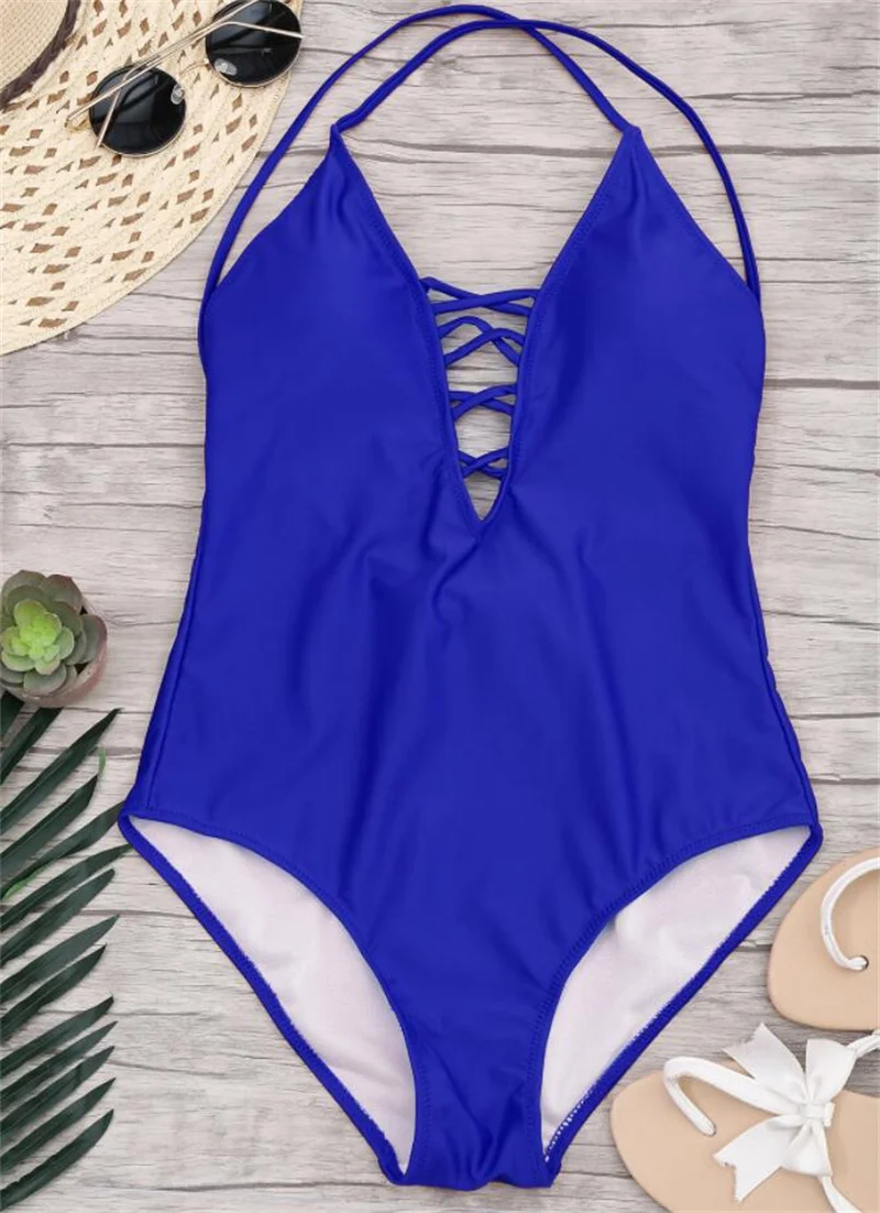 

2022 Sexy Royal Blue One Piece Swimsuit Swimwear Women Hollow V-neck Halter Bathing Suit Beachwear Banadores Maio Feminino Praia