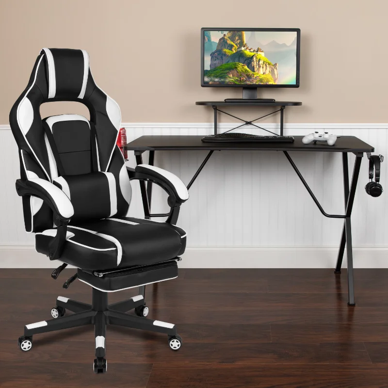 

Black Gaming Desk with Cup Holder/Headphone Hook/Monitor Stand & White Reclining Back/Arms Gaming Chair with Footrest