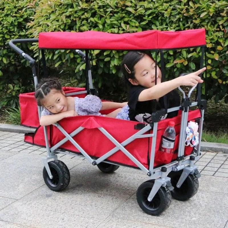 

Folding Outdoor Camping Wagon Cart Adjustable Creative Handle Bar Removable Canopy Oxford Cloth Shopping Beach Cart