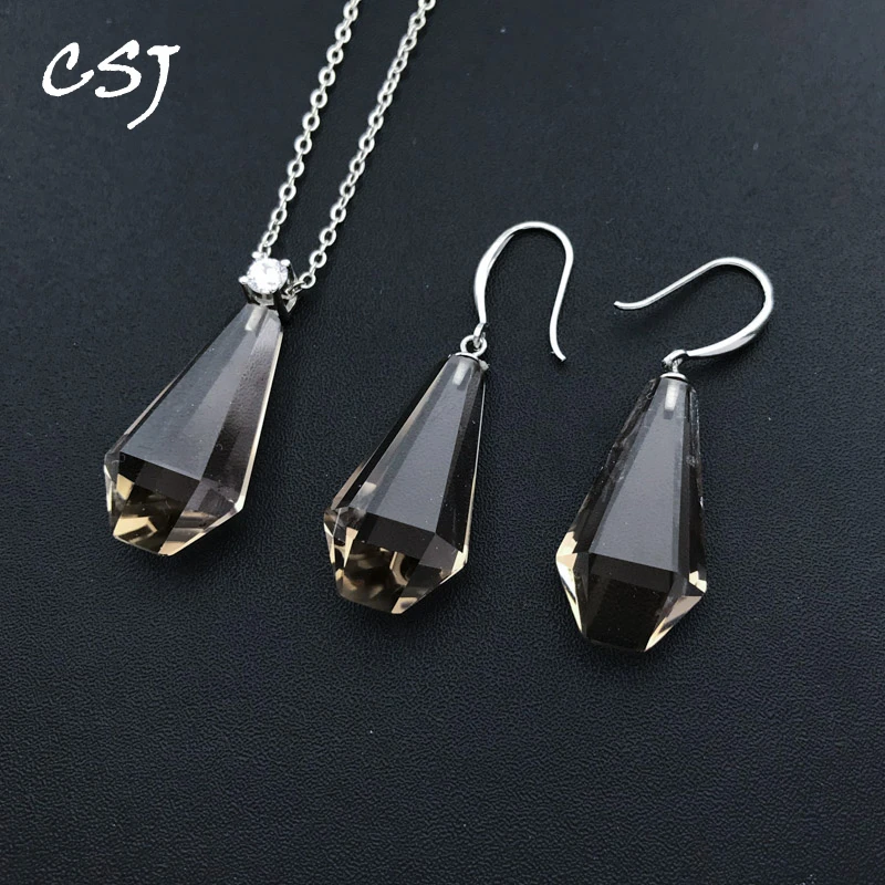 

CSJ Big Stone Smoky Quartz Jewelry Sets Sterling 925 Silver Natural Gemstone14*26mm for Women Birthday Party Trendy Jewelry Gift