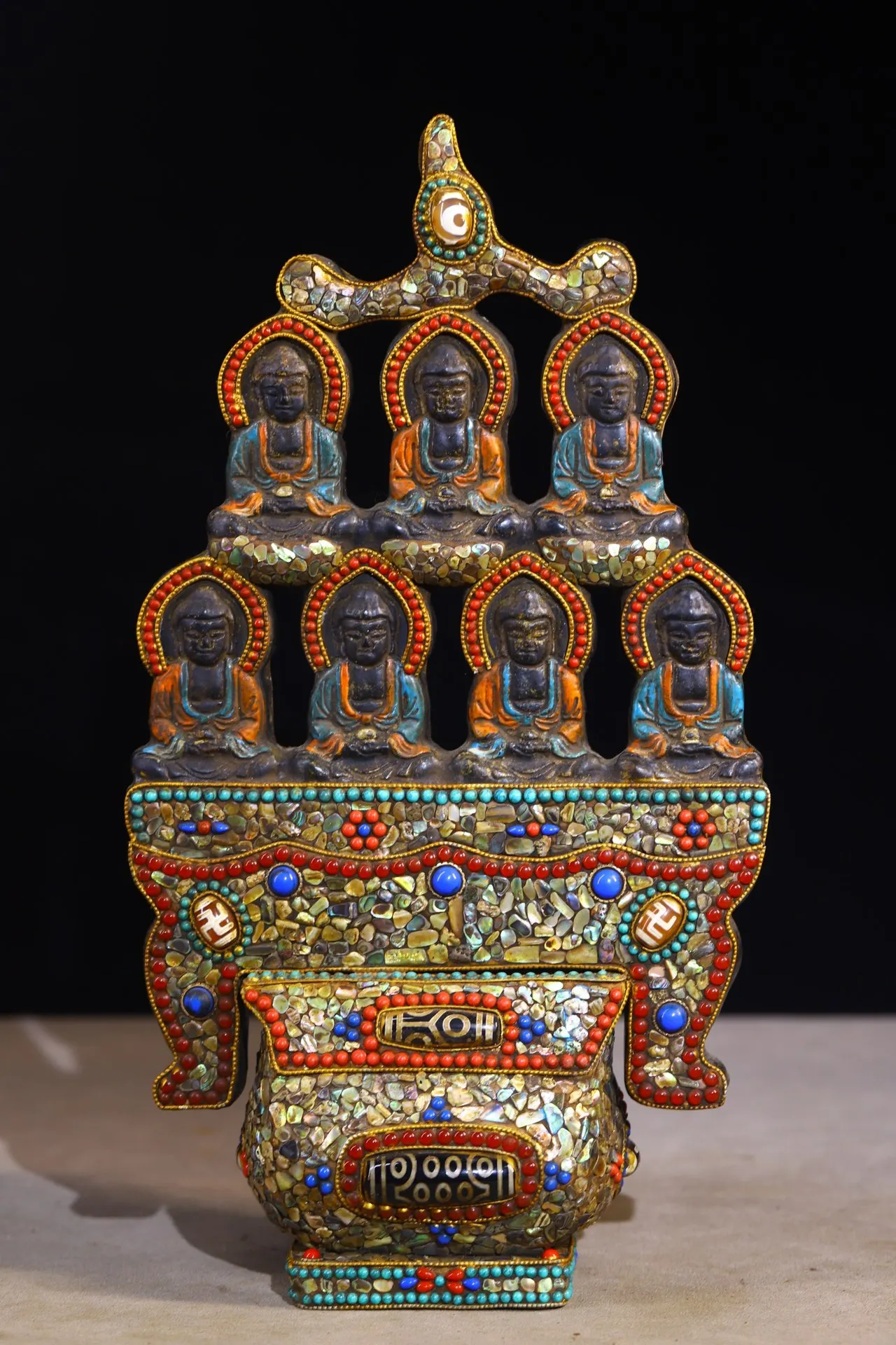 

12"Tibetan Temple Collection Old Natural Meteorite Mosaic Gem gZi Beads shell 7 Treasure Buddha Buddhist Niche Worship Hall