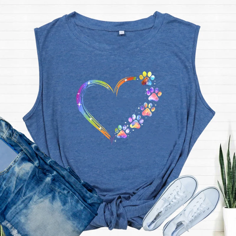 Женская модная летняя одежда повседневные топы с принтом собачьих лап и сердец