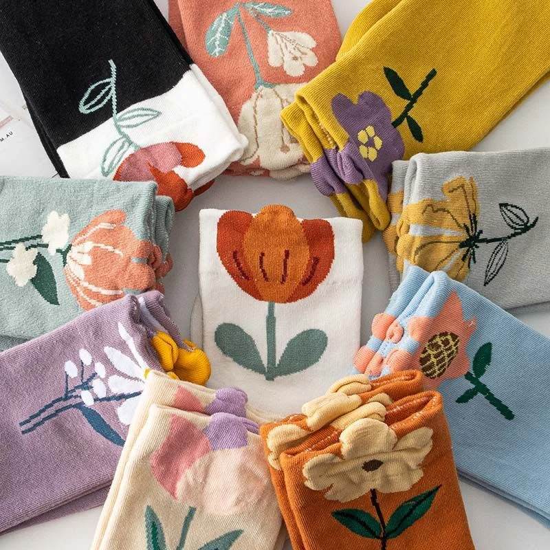 

Winter/Autumn Stocking Women Print Flower Fashion Socks Top Cotton Warm Hosiery High Elasticity 3 Pairs/Set