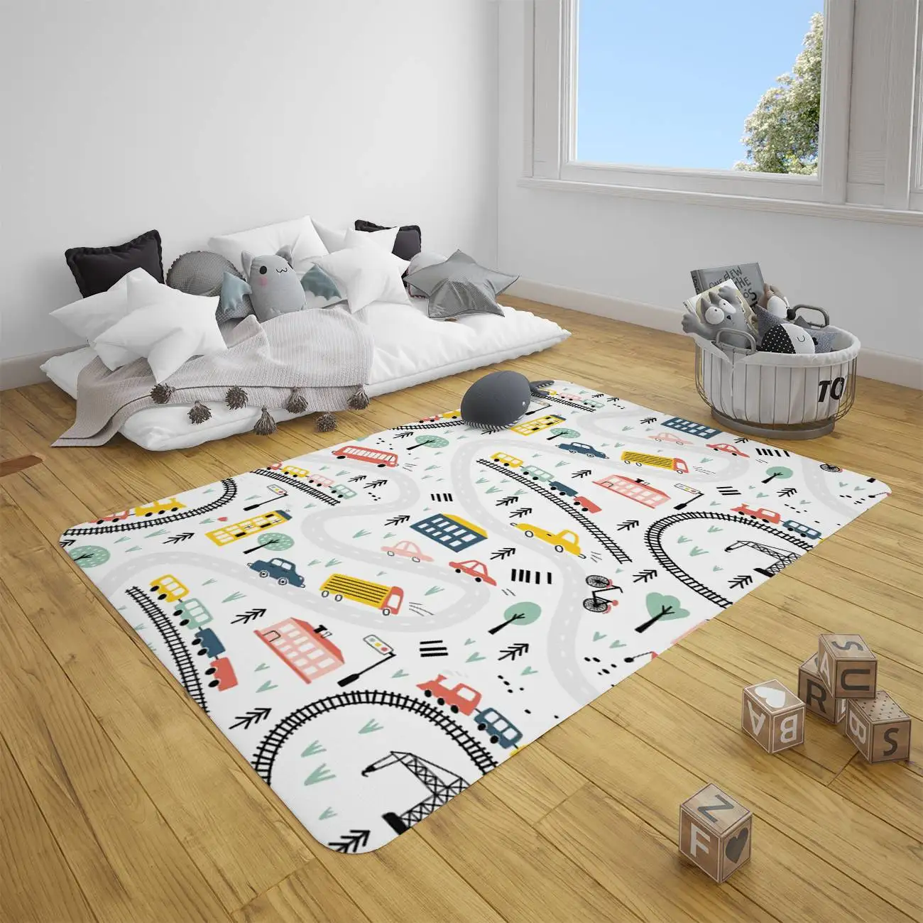 

Cute toy car traffic pattern baby play mat round rectangle children rug newborn crawling padi nursery decor rugs