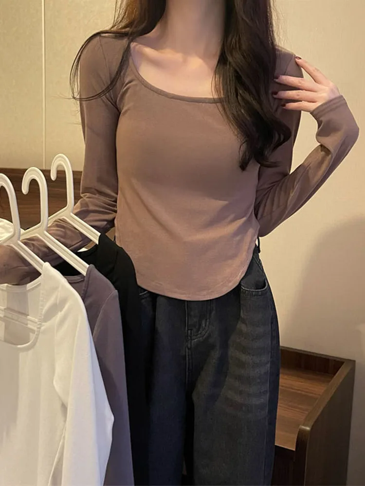 

Универсальная цветная рубашка с круглым вырезом, укороченная длинная однотонная облегающая футболка в Корейском стиле на весну и осень, Женская Базовая нестандартная Футболка с рукавами