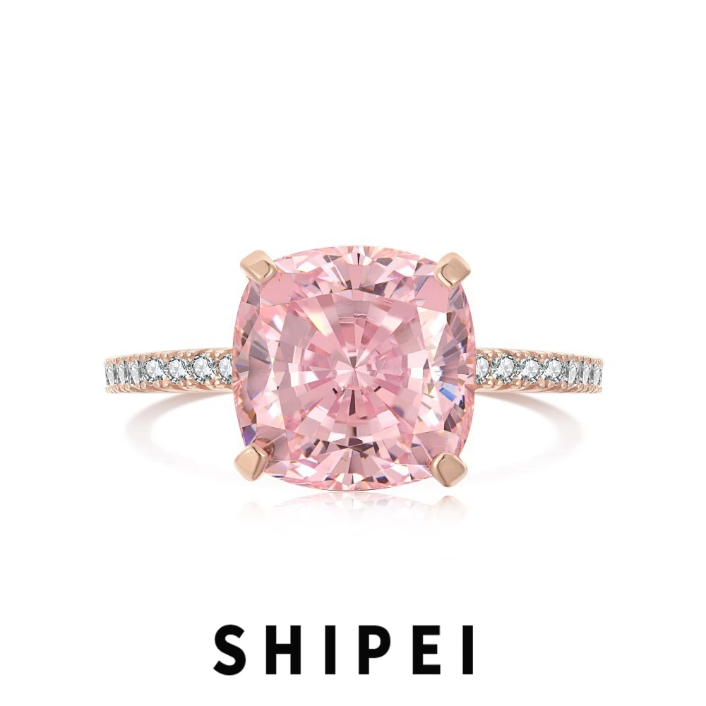 

Shipei 925 Sterling Silver Cushion Cut Pink Sapphire High Carbon Diamonds Gemstone 18K Gold Plated Engagement Ring Fine Jewelry