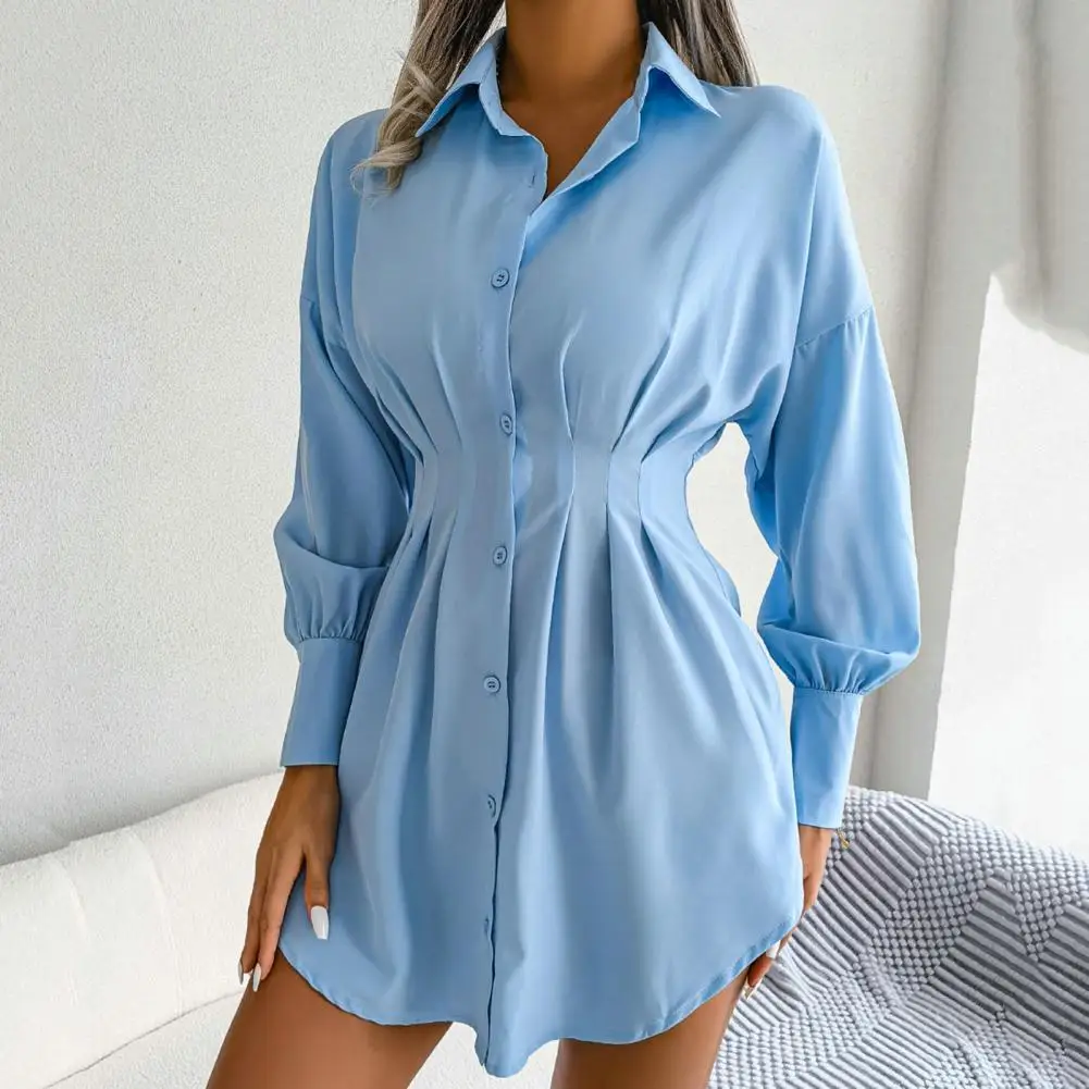 

Trendy Pleated Waist Tight Solid Color Shirt Long Shirt Lantern Long Sleeve Soft
