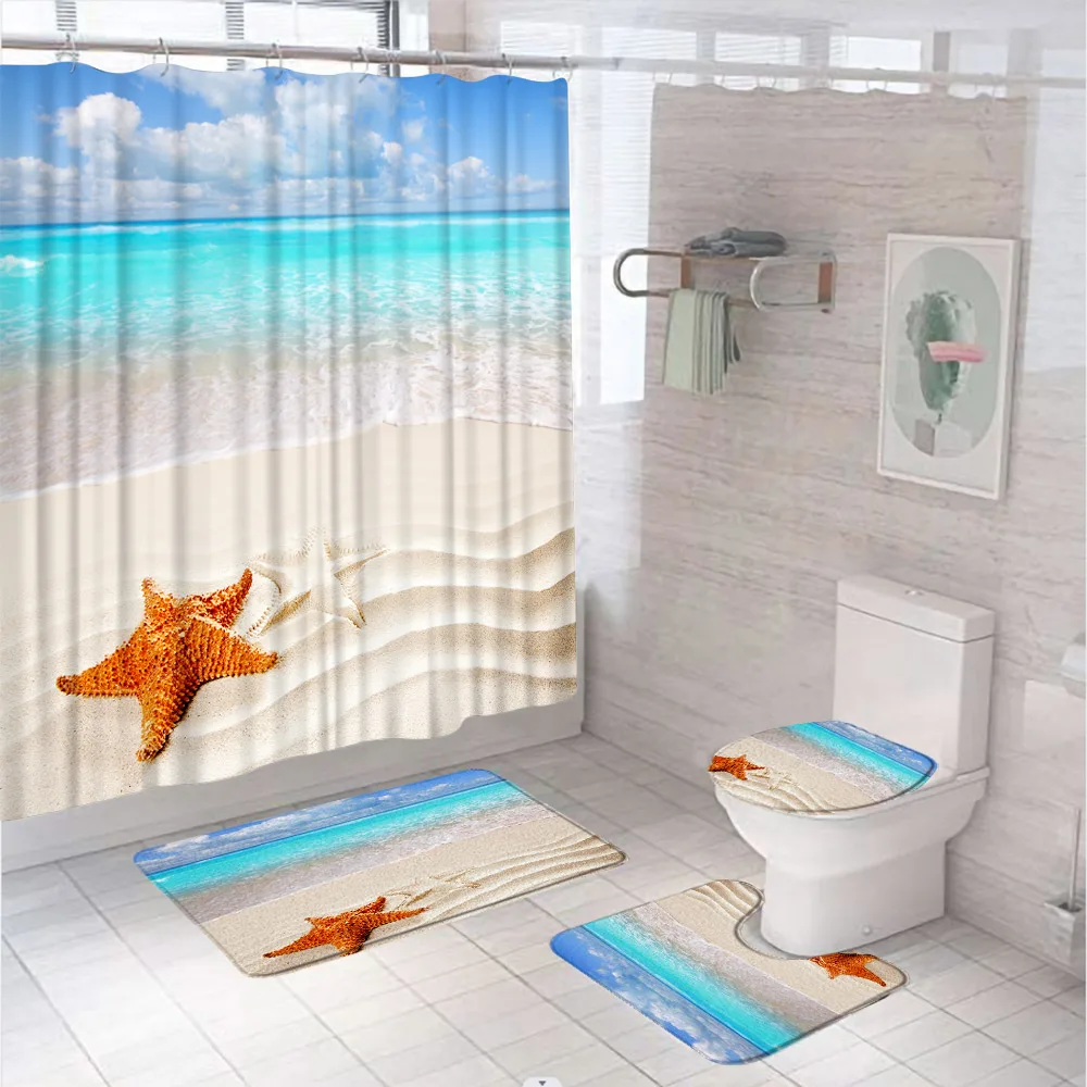 

Starfish Beach Shower Curtain Set Bathroom Decor Tropical Ocean Sea Summer Scenery Tub Screen Non-Slip Bath Mat Rug Toilet Cover