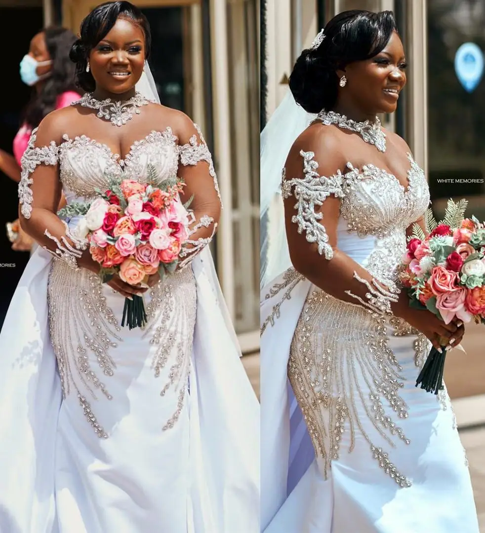 

Plus Size Arabic Aso Ebi Luxurious Mermaid Sparkly Wedding Dress with detachable train High Neck Long Sleeves Bridal Gowns Dress