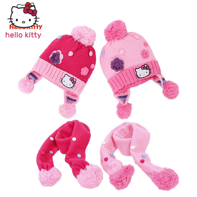 

Детский комплект из шапки и шарфа Hello Kitty, детская осенне-зимняя шерстяная шапка, вязаная шапка для девочек, теплая, уютная и милая