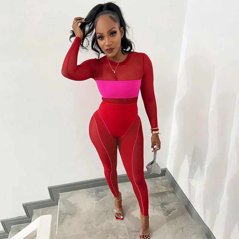 European And American Women's 2023 Summer New Mesh Perspective Tight Contrast Panel Sports Jumpsuit
