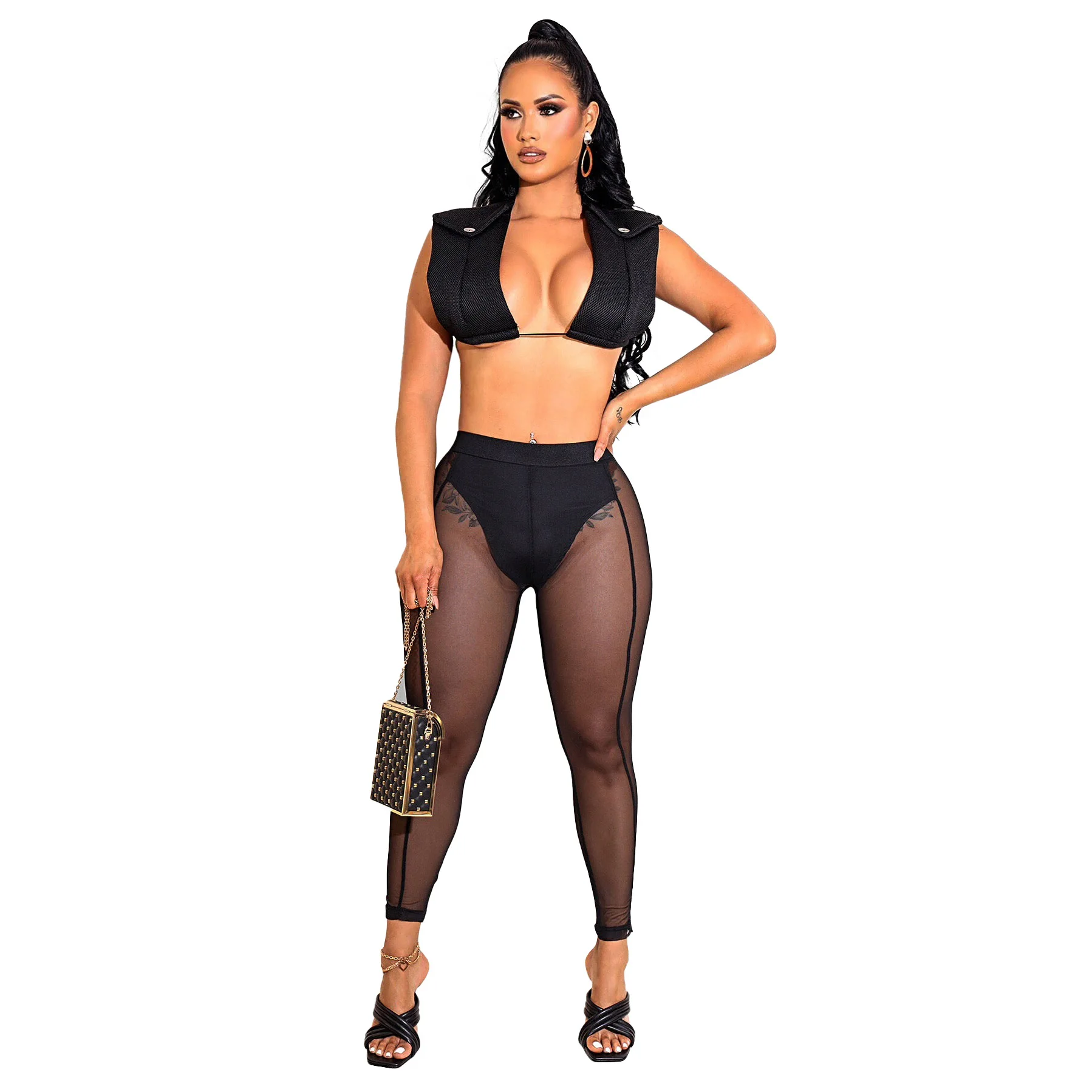 

Women See Through Sheer Mesh 2 Pieces Outfits Jumpsuits Crop Top and Hollow Out Long Pants