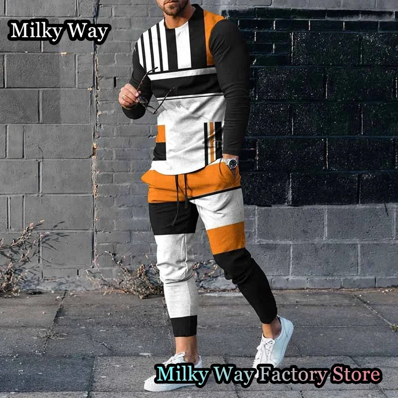 Summer Men Colorful Tracksuit 2 Pieces Color Block T-Shirt Trousers Set Casual Jogging Suit Fashion Outfit Male Streetwear