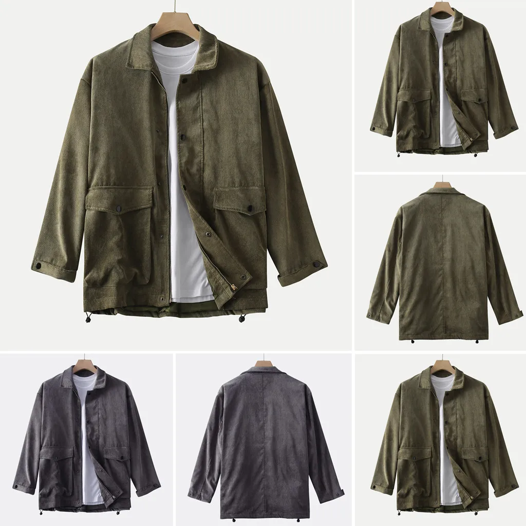 

Men Corduroy Solid Color Multi Pockets Turn Down Collar Long Sleeve Jackets Coat down Jacket Stylish Jacket