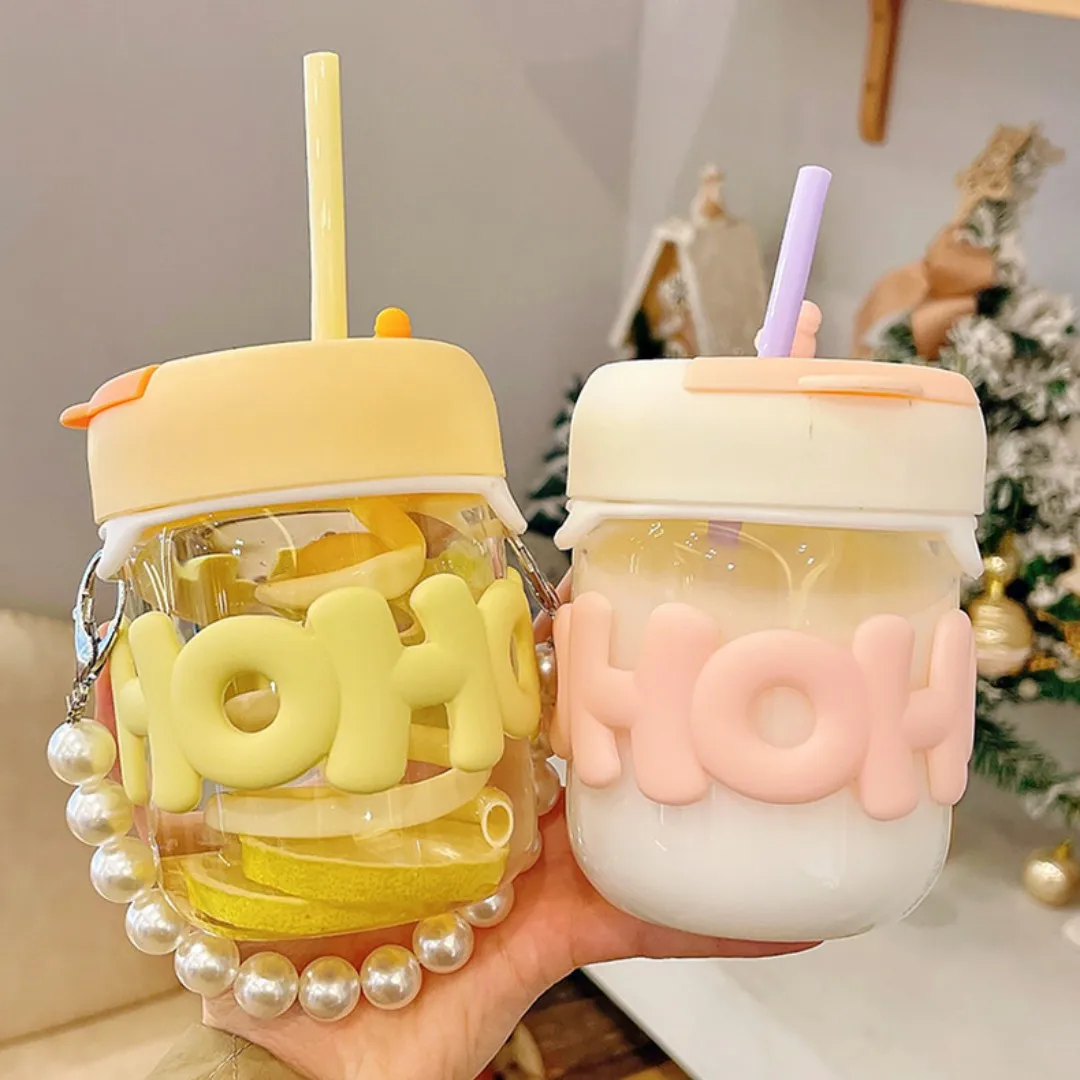 

Fashion Pearl Chain Glass Water Bottle for Home Outdoor Portable Milk Double Drink Bottle Cup