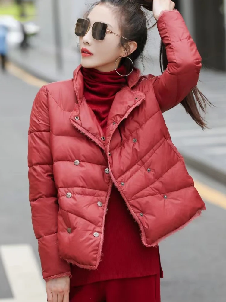 

Female 2022 Warm Winter New in Outwears 90 Goose Down Coats Loose Casual Button Lapel Solid Color Short Puffer Down Jacket Women