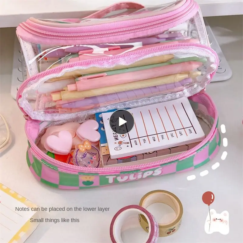 

Pencil Case Cute Cartoon Stationery Bag Transparent For Kids Storage Bag High Color Value Large Capacity Simple Living Style