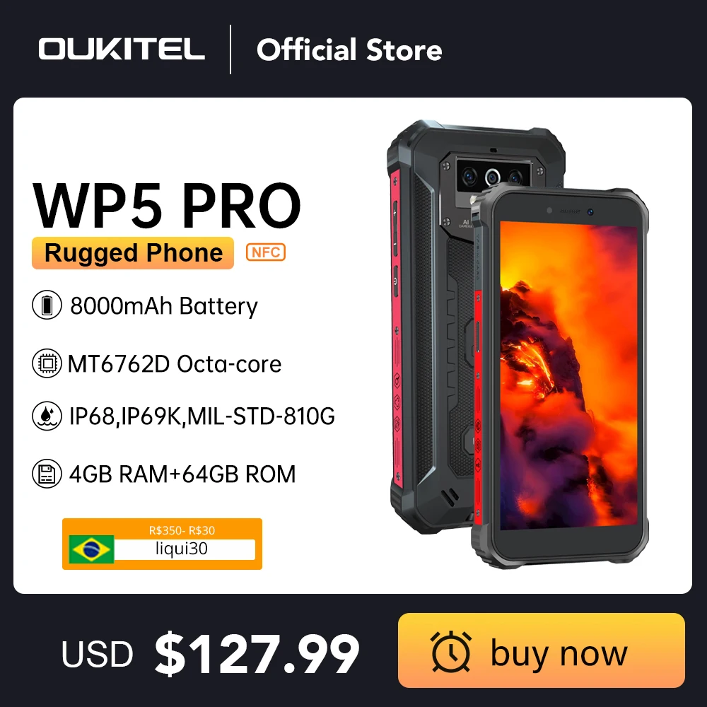OUKITEL WP5 Pro IP68 Rugged Smartphone 4GB 64GB 8000mAh 5.5HD+ Octa Core Android10 Mobile Phone 13MP Triple Camera Cell Phone