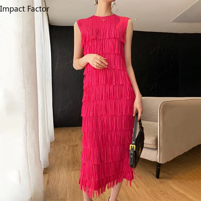 

Wrinkled Tassel Women's Dress 2023 New Spring Sleeveless Elegant Temperament Slim Fit Casual Bottoming Dress Factory Spot