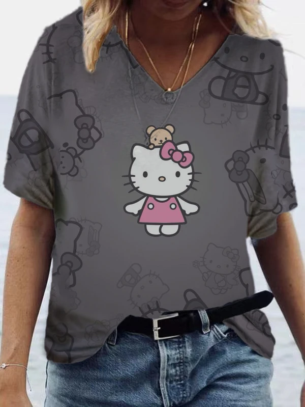 

Youth clothing fashion casual women's loose T-shirt The latest girl top Hello Kitty printed cute blue and white V-neck top