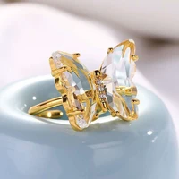 transparent glass women ring colorful clear crystal open butterfly ring simple banquet wedding finger adjustable ring for women