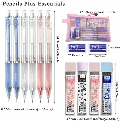 13pcs/lápis mecânicos com bolsa, leads de 400pcs, 2 borracha, lápis automático de 0,5 mm, de volta à escola Kawaii Supplies Stationery