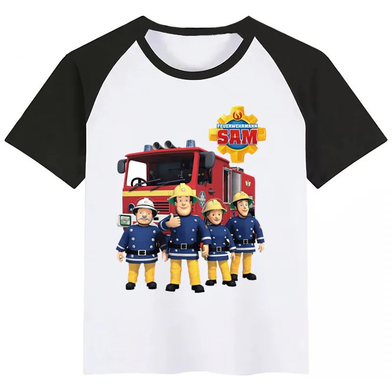 Sam Fireman Cartoon Funny Boys T-shirt Kids Summer Tops Firefighter Baby Short Sleeve Children's Clothing,Drop Ship