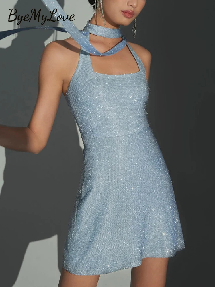 

Женское блестящее мини-платье ByeMyLove, летнее синее блестящее платье с открытыми плечами, лямкой на шее и открытой спиной, 2023