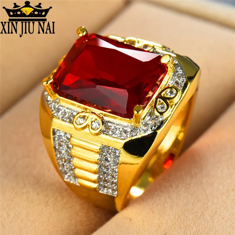 Gorgeous-anillo de compromiso con piedra roja para hombre, Vintage sortija de compromiso de boda con relleno de oro amarillo de 18KT, regalo para hombre