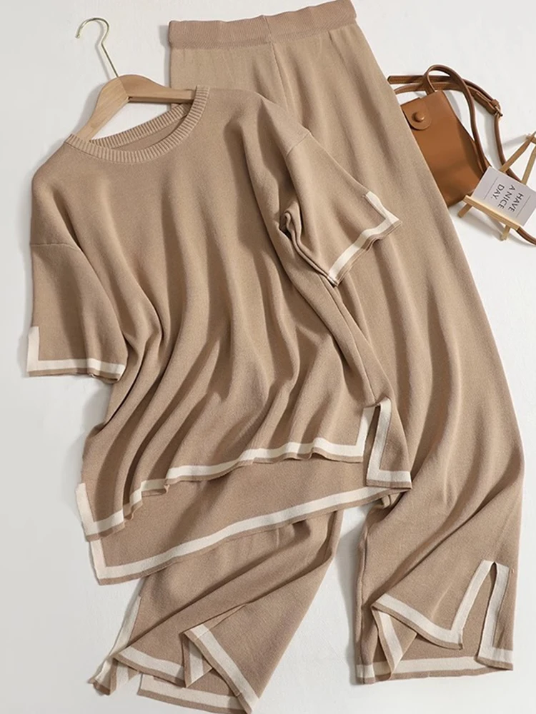

A GIRLS New Casual Knitting 2 Piece Sets Women Outfit 2023 Summer Contrast Split Short Sleeved Sweater+High Waist Wide Leg Trous