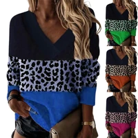 women sweatshirt leopard patchwork spring autumn contrast color loose fitting blouse for gathering