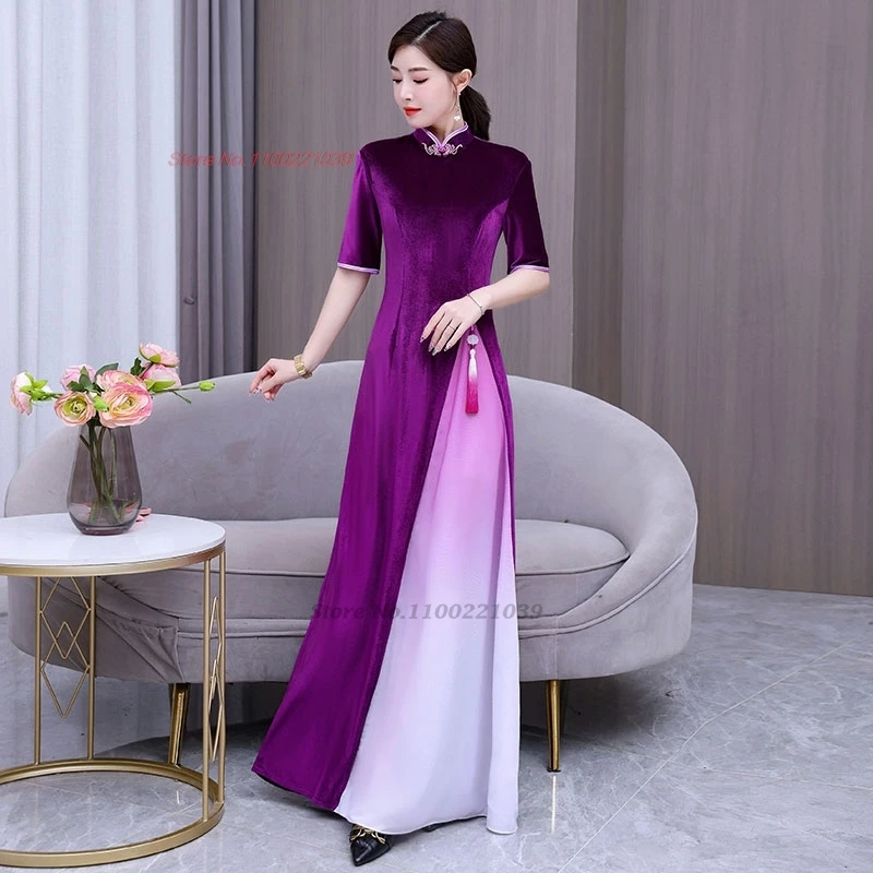 2024 вьетнамское традиционное платье Aodai бархатное Cheongsam градиентный цвет Ципао