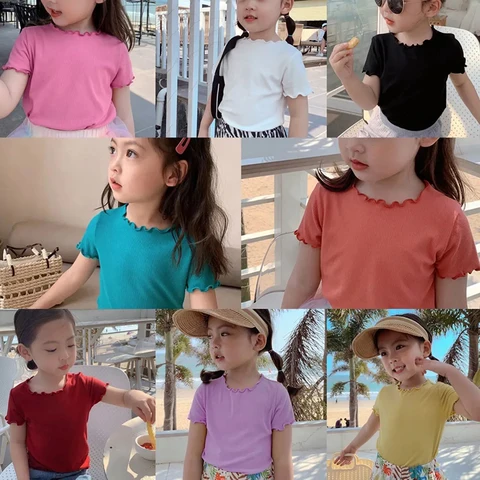 Футболка для маленьких девочек, летние детские топы с коротким рукавом, футболки из мягкой вискозной ткани, однотонные рубашки для малышей, детская одежда