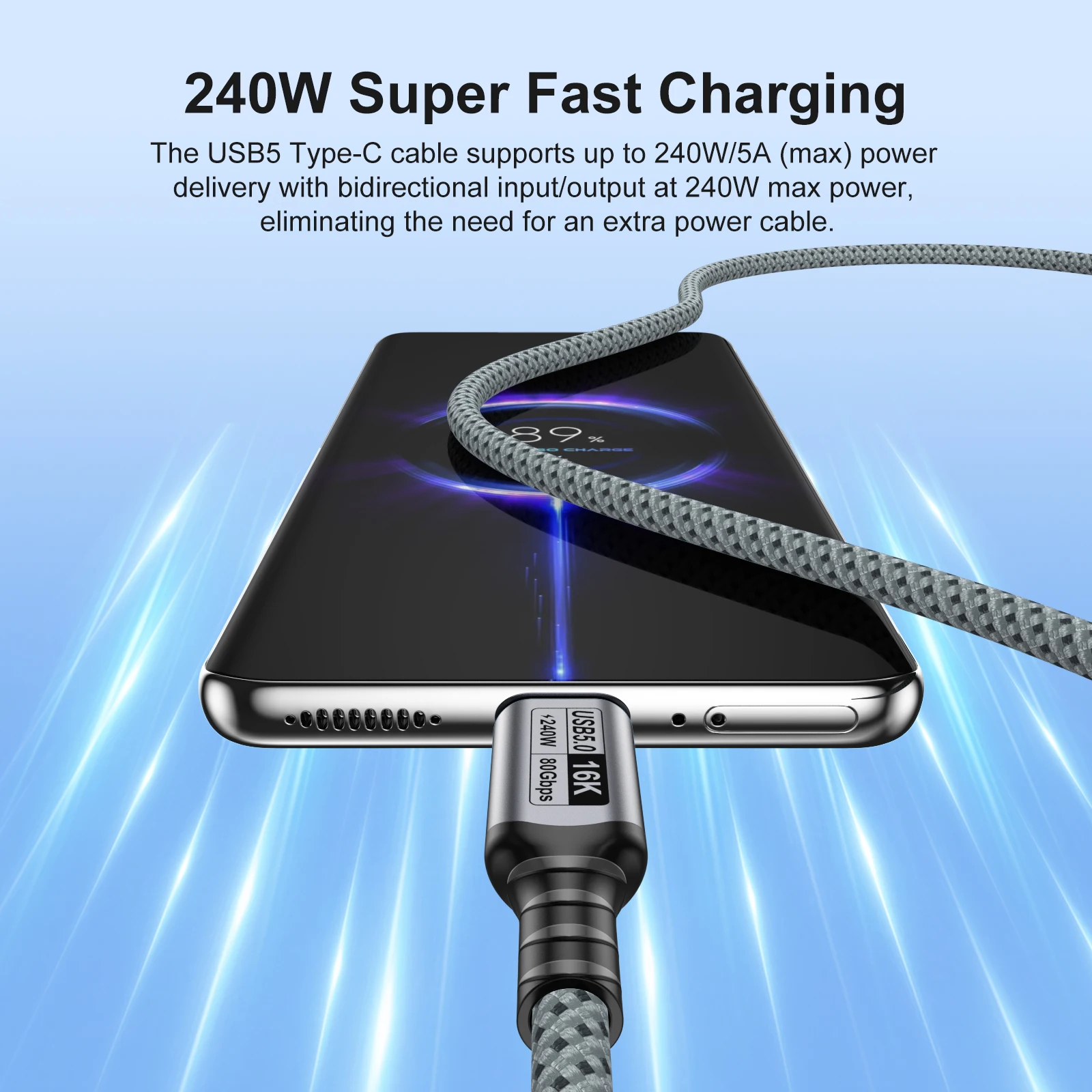 Фото Кабель USB Type-C Thunderbolt 5 PD240W для быстрой зарядки, передача данных 80 Гбит/с, видео 16K/8K, 1м, 2м, 3м для iPhone 16, 17, Macbook Pro №5