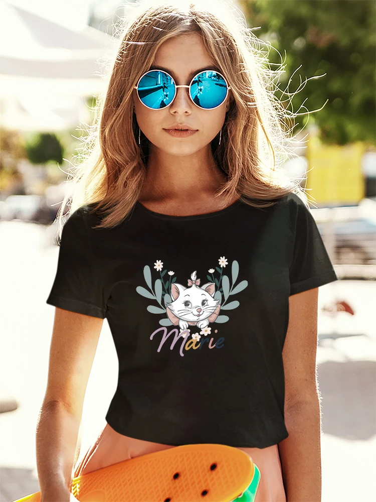 

Disney Marie Cat Ropa Aesthetic Mujer Urban Casual Black T-shirt Young Style Fashion Lady Tshirt Cropped Sleeve Fast Delivery
