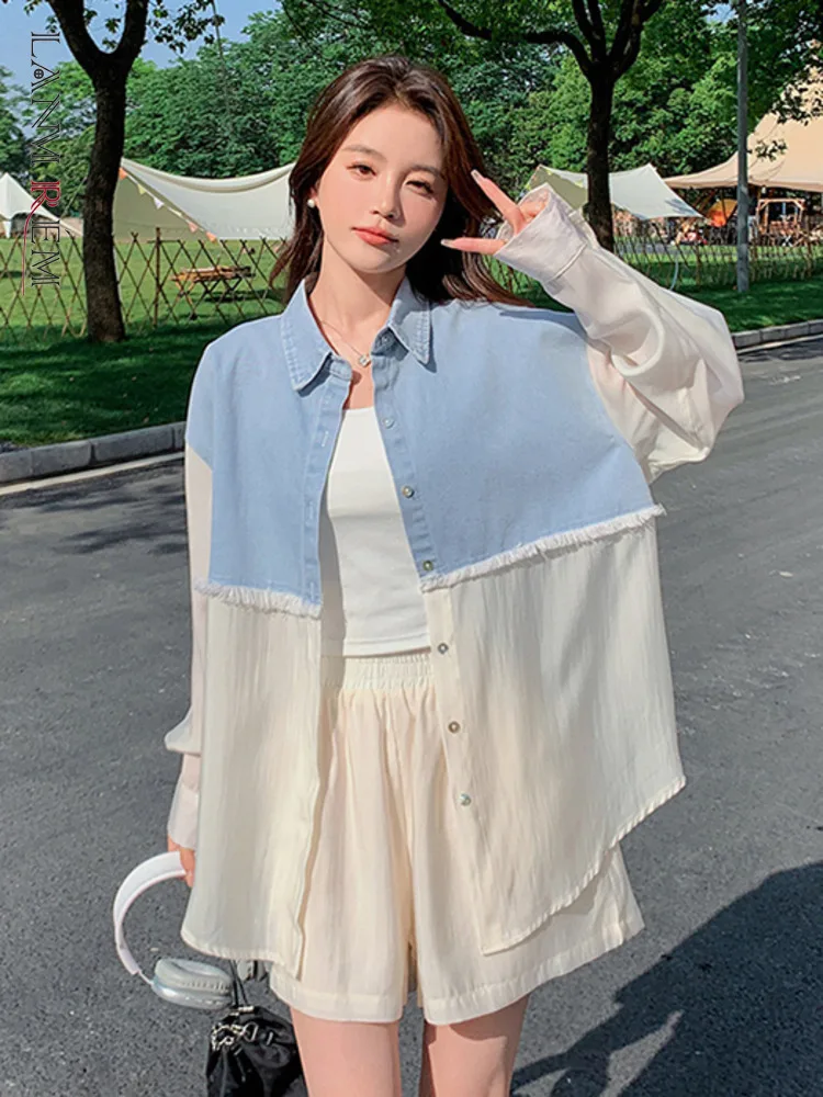 

LANMREM Korean 2 Pieces Set Women's Spliced Denim Lapel Single Breasted Sunscreen Shirt High Waist Wide Leg Shorts 2023 2YA3918