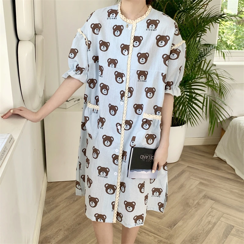 

Kawaii Bear Print Summer Nightgown Korean Lace Patchwork Cotton Single Breasted Shirts Sleepwear Cartoon Pockets Night Dress