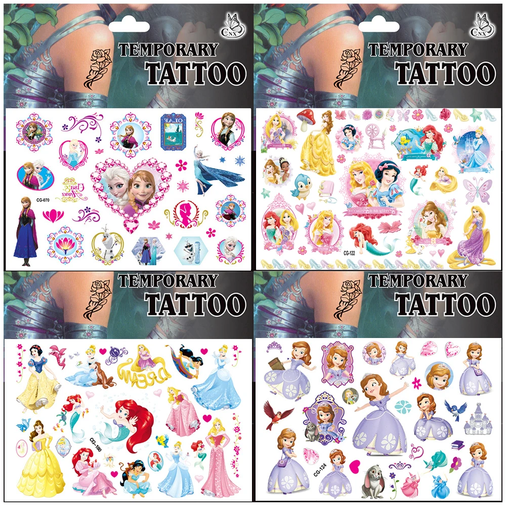 Kawaii Disney Cartoon Princess Waterproof Temporary Tattoo Stickers Frozen Mermaid Snow White Kids Arm Face Body Art Fake Tattoo