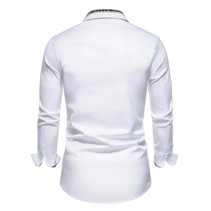 2022 Men Plaid Patchwork Formal Shirts for Slim Long Sleeve White Button Up Spring Business Office  landuxiu