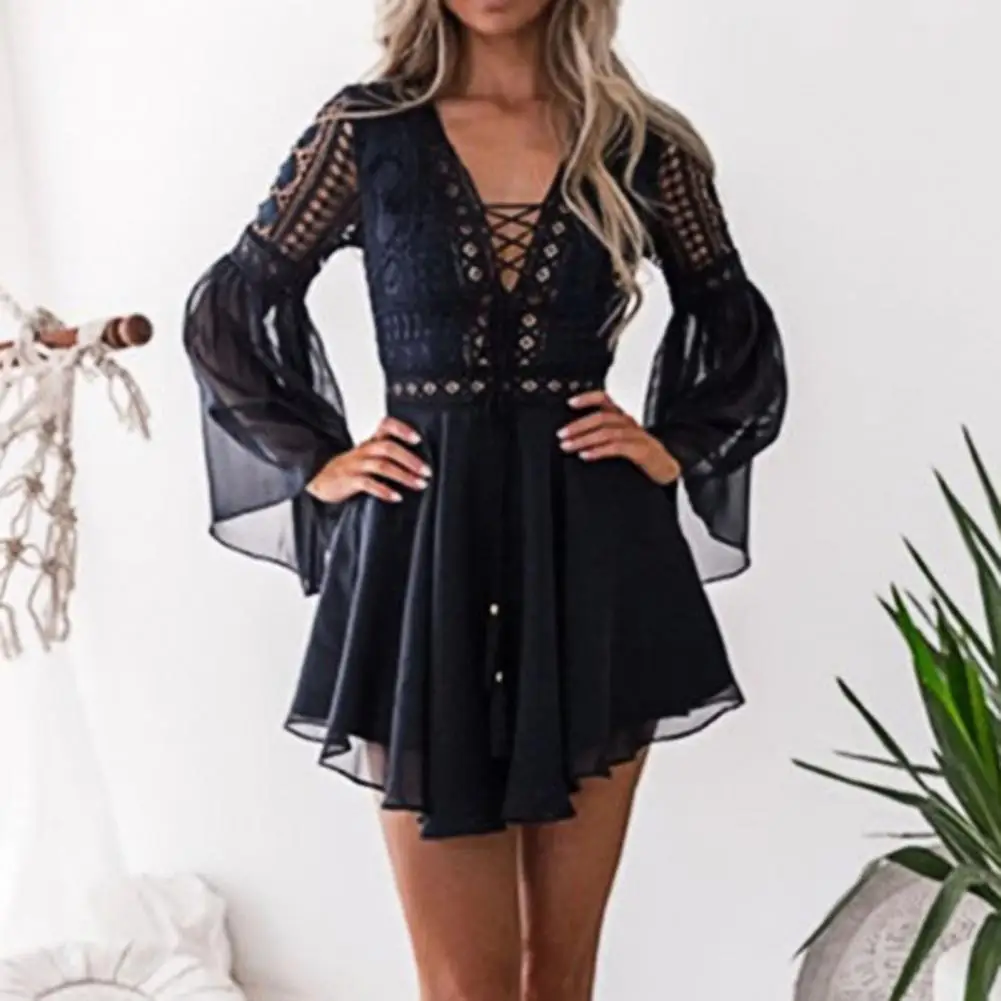 

Lady Dress Solid Color Women Dress Ruffle See-through Mesh Mini Dress